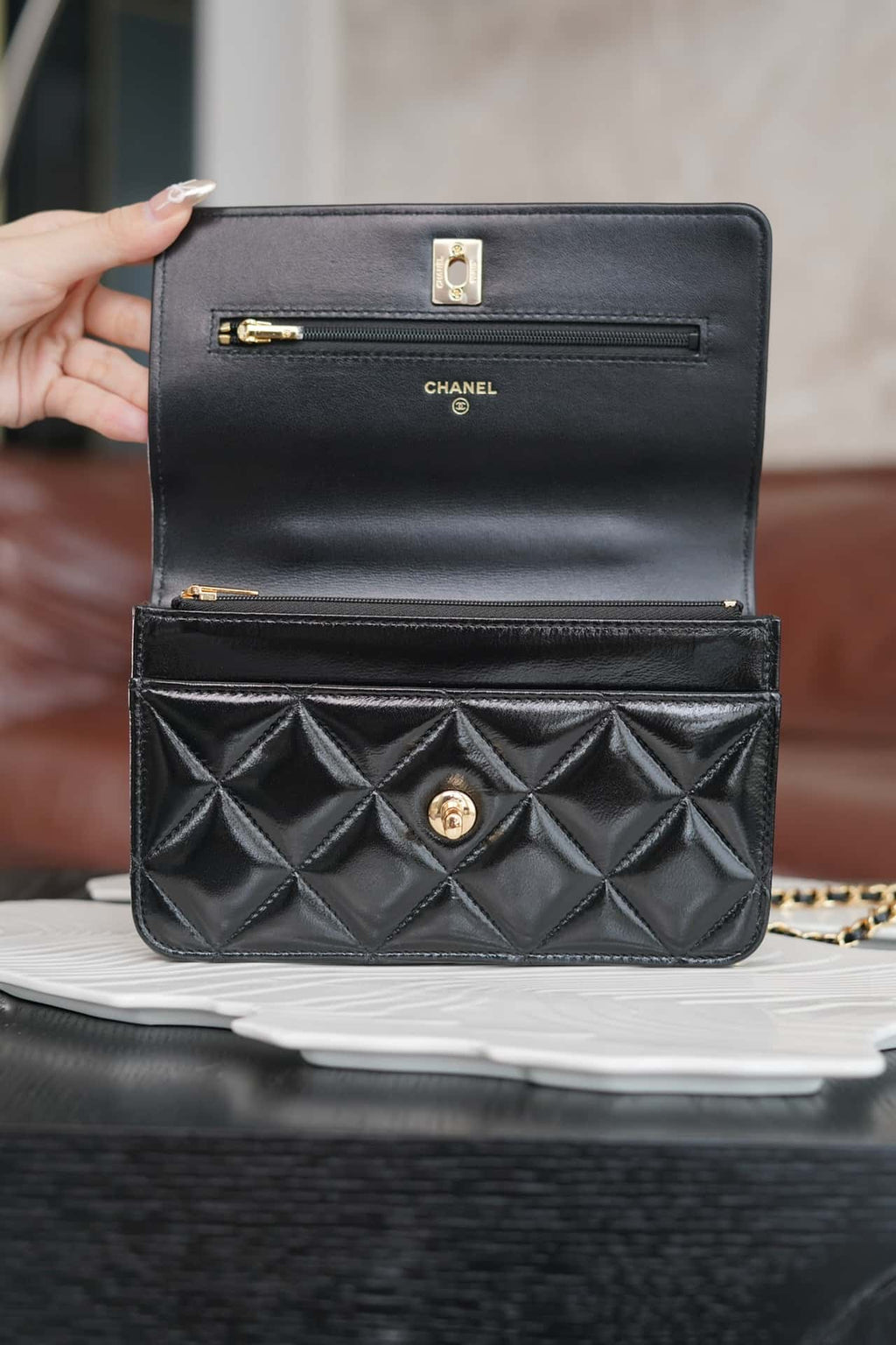 Chanel 24B WOC Top Handle in Black Shiny Lambskin GHW