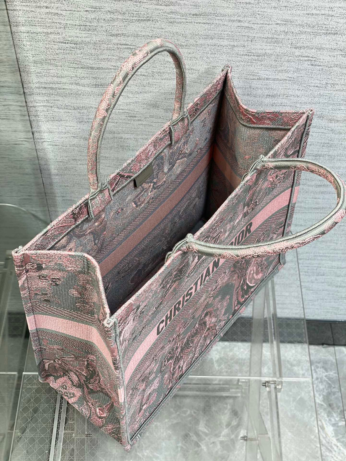 Dior Book Tote Large Gray and Pink Toile de Jouy Reverse Beverly Hills Embroidery - 42 x 35 x 18.5 cm